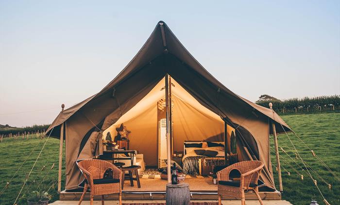 Canvas lodge with decking at Nantseren glamping